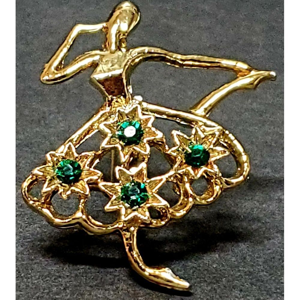 VTG Gerry's Signed Brooch Pin Ballerina Dancer Goldtone Four Green Rhinestones